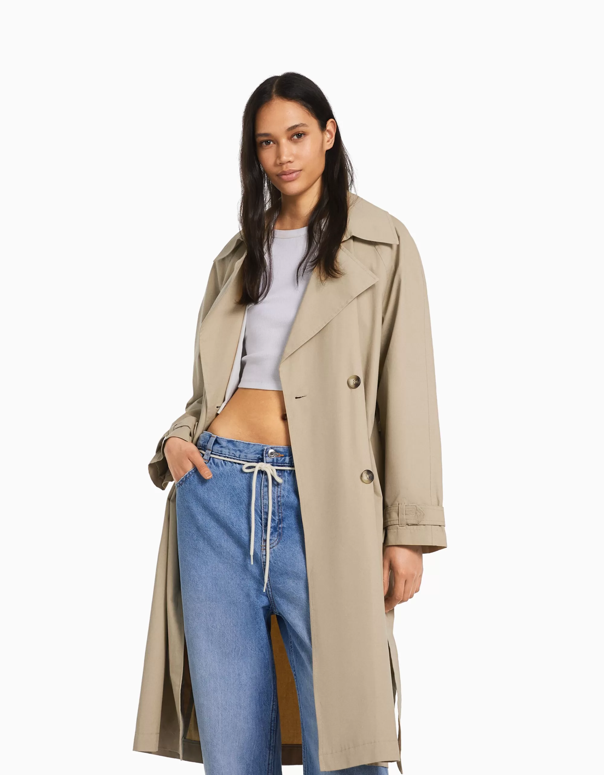 MUJER BERSHKA Abrigo trench algodón