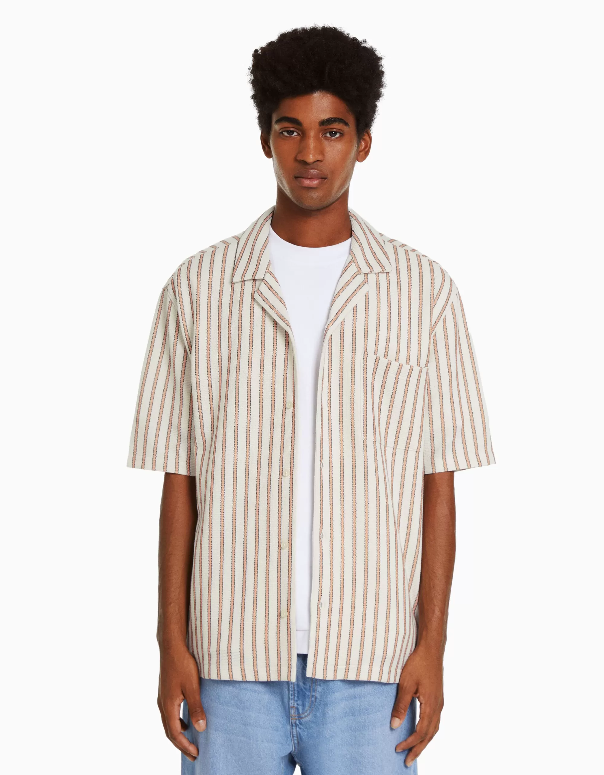 HOMBRE BERSHKA Camisa manga corta rústica rayas