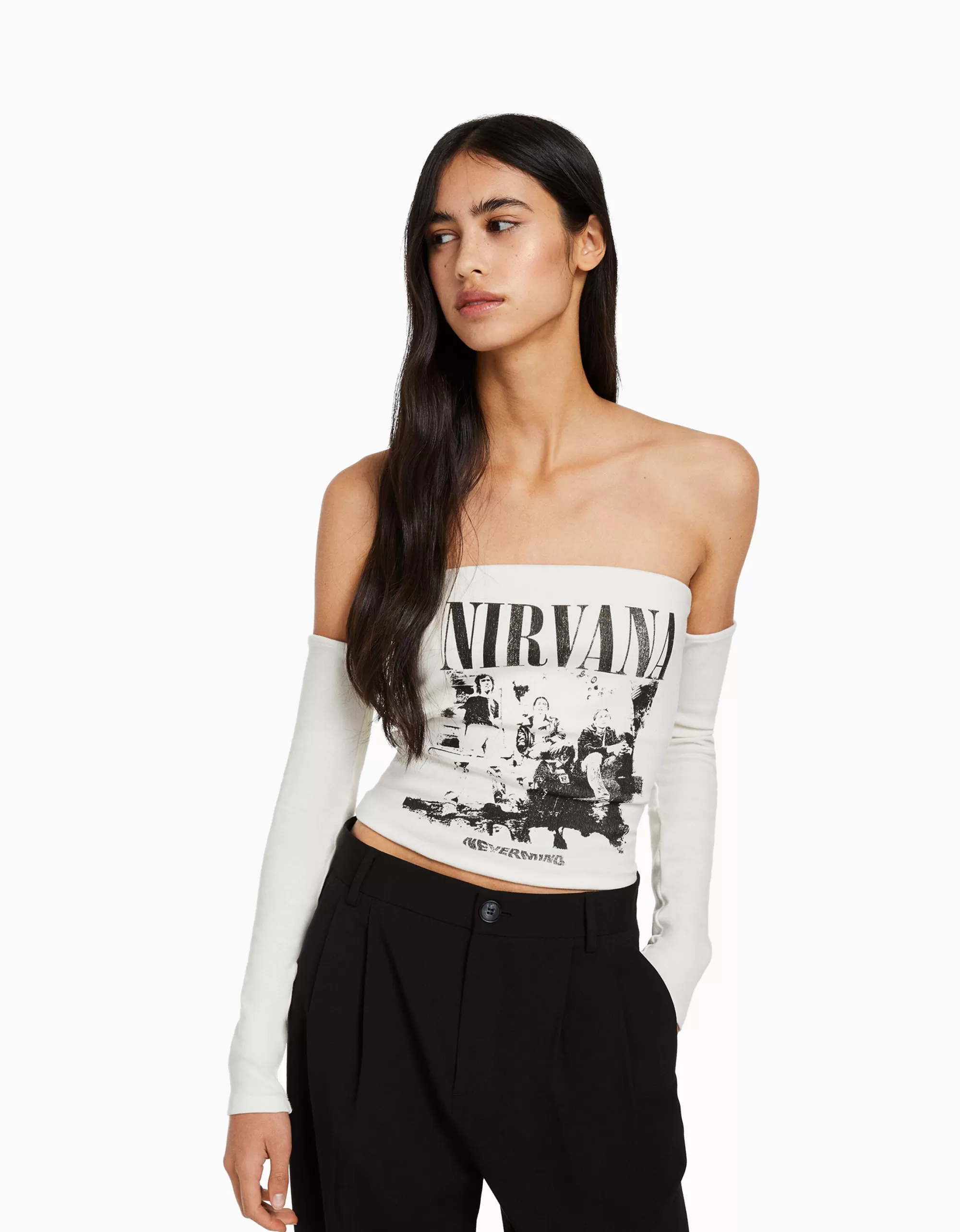 MUJER BERSHKA Camiseta bandeau manga larga print Nirvana