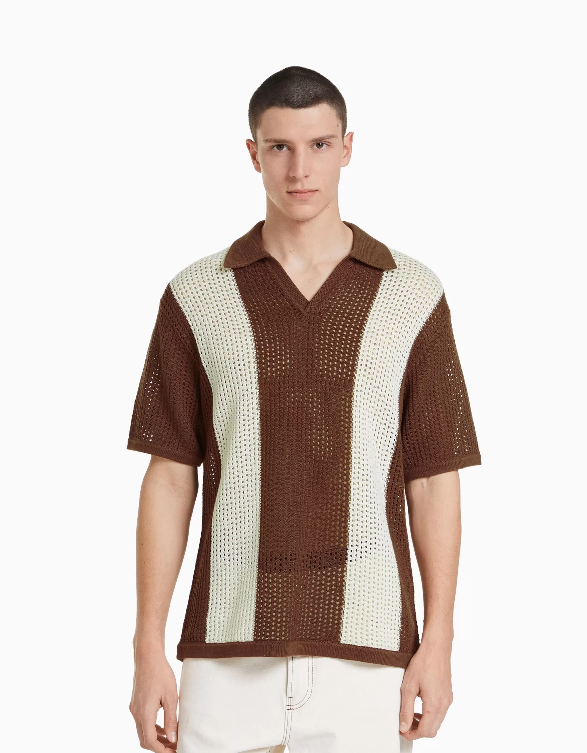 HOMBRE BERSHKA Camiseta manga corta cuello polo punto rayas