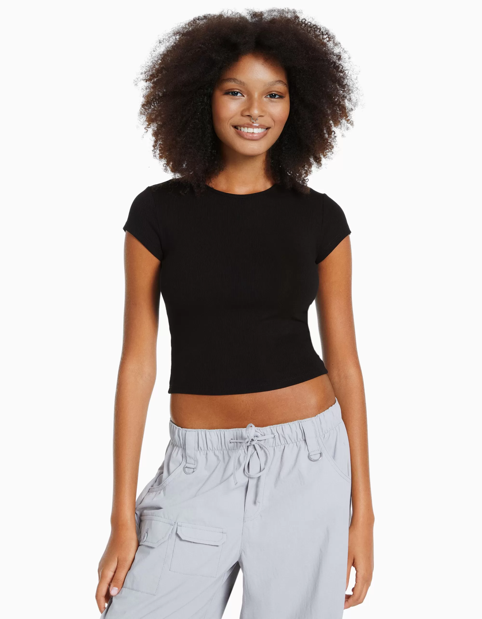 MUJER BERSHKA Camiseta manga corta rib