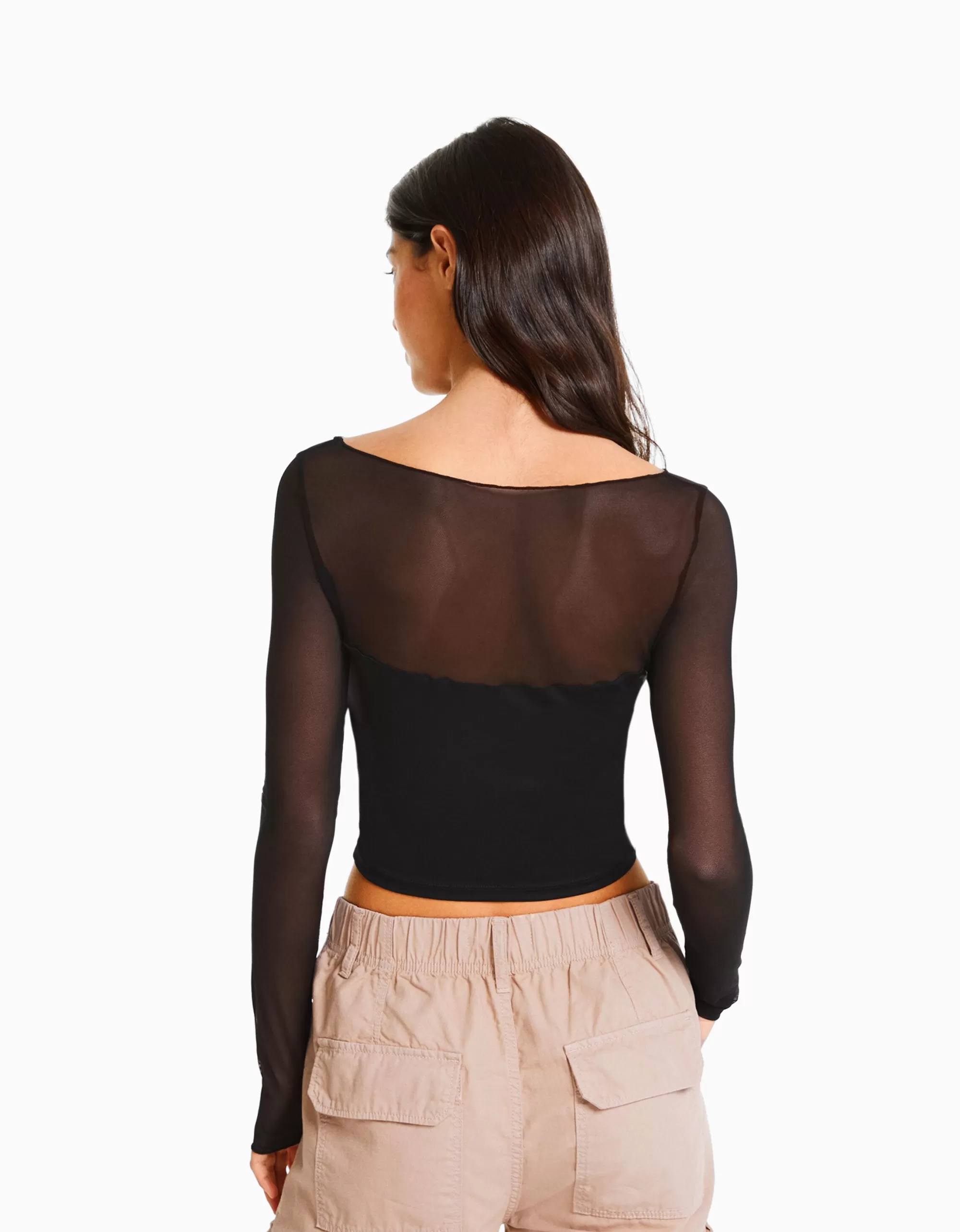 MUJER BERSHKA Camiseta manga larga cropped tejido contraste