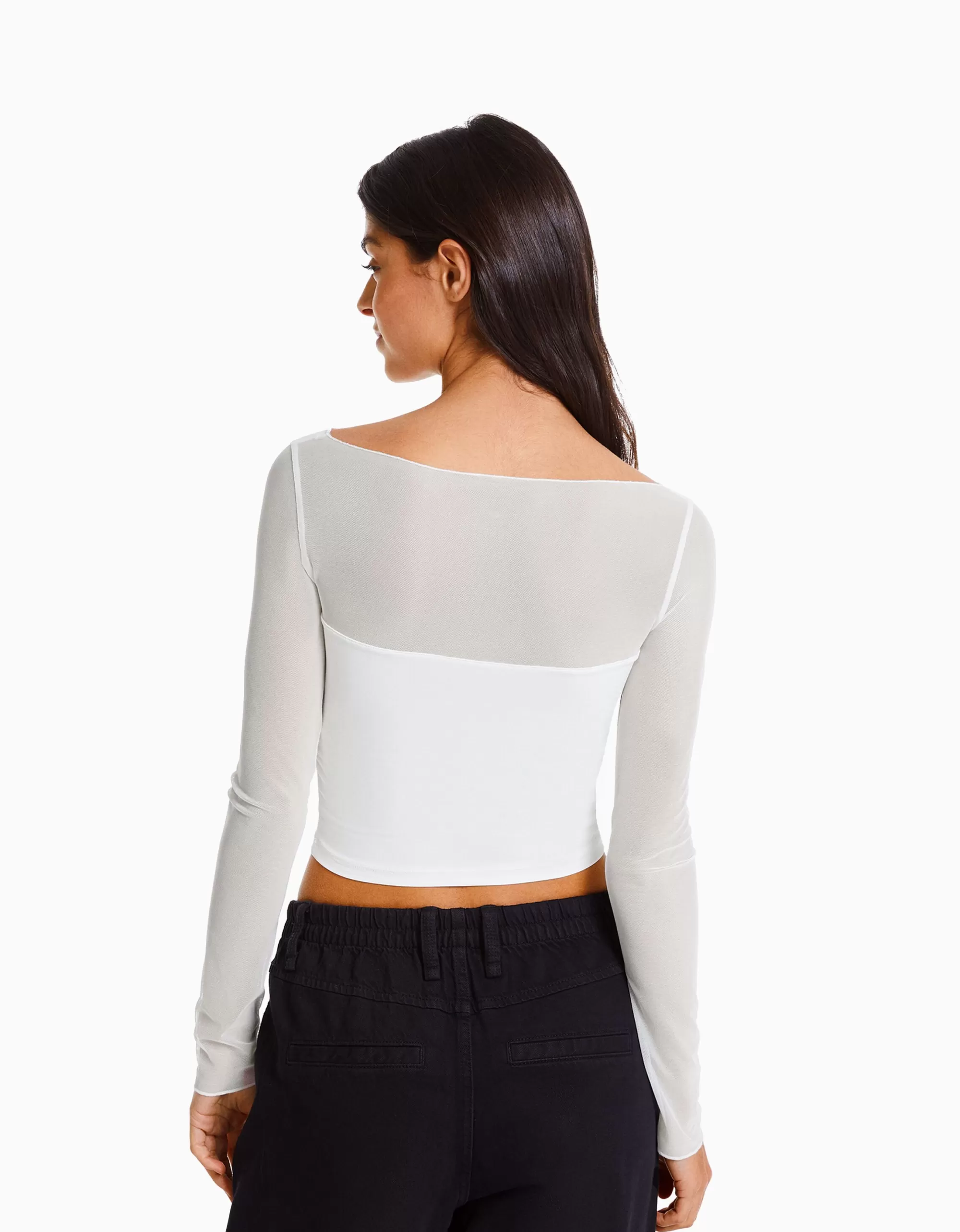 MUJER BERSHKA Camiseta manga larga cropped tejido contraste