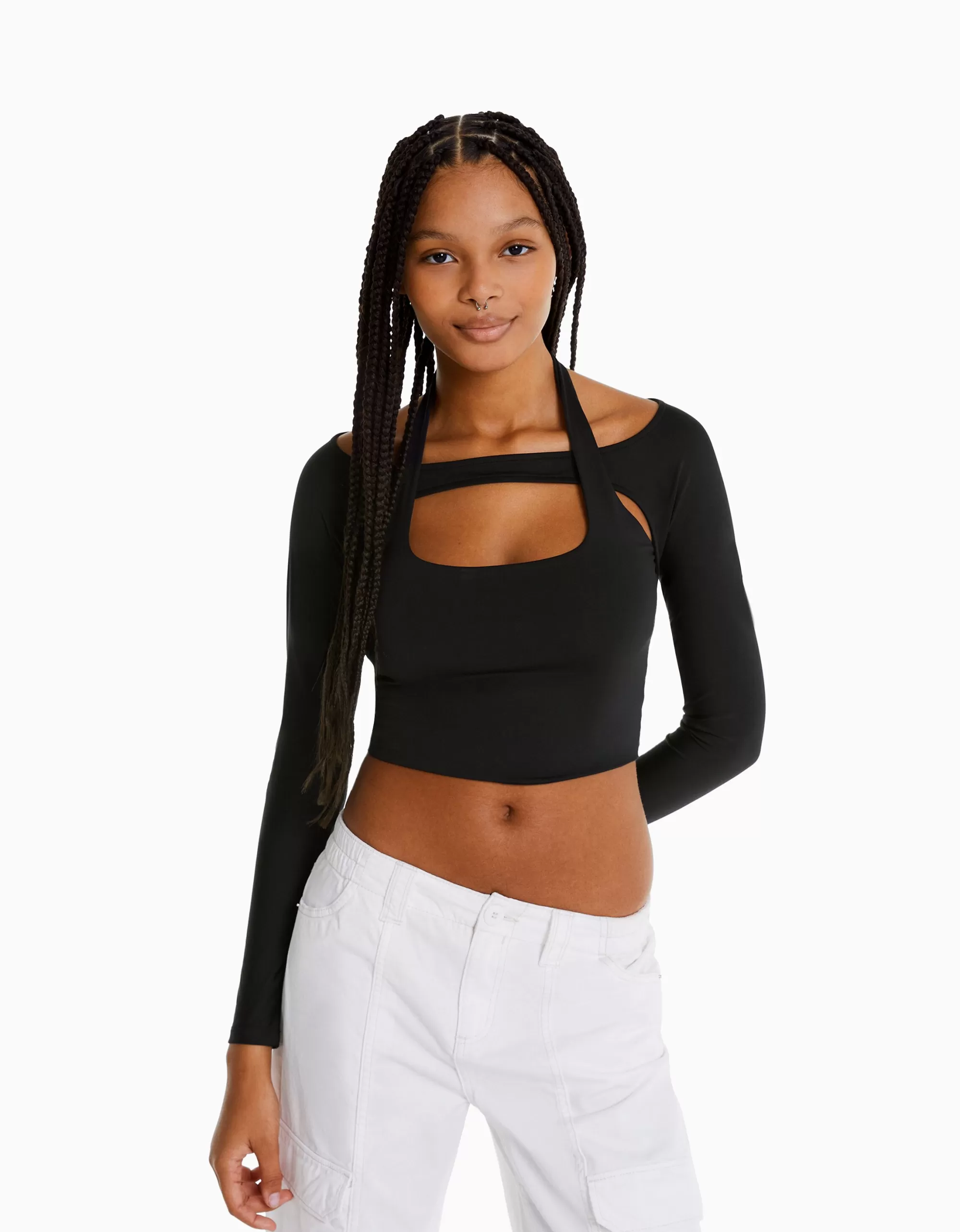 MUJER BERSHKA Camiseta manga larga detalle cuello