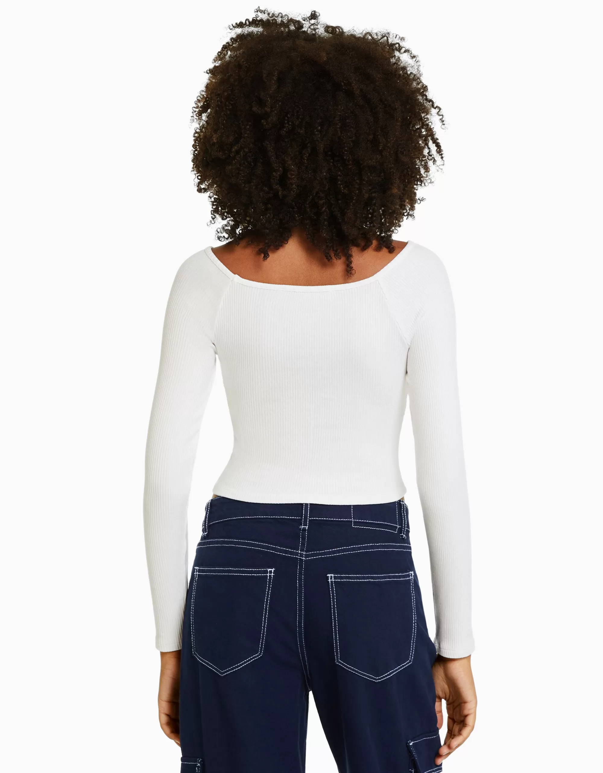 MUJER BERSHKA Camiseta manga larga escote barco rayas
