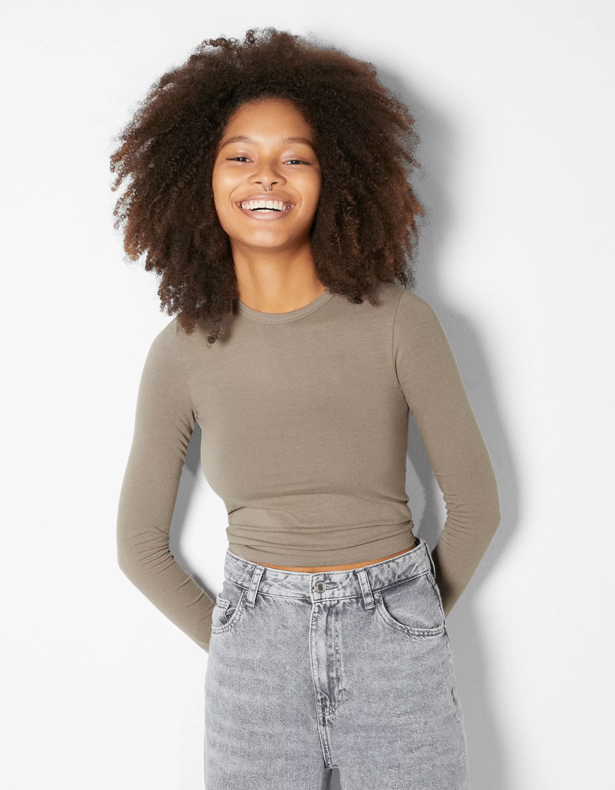 MUJER BERSHKA Camiseta manga larga rib