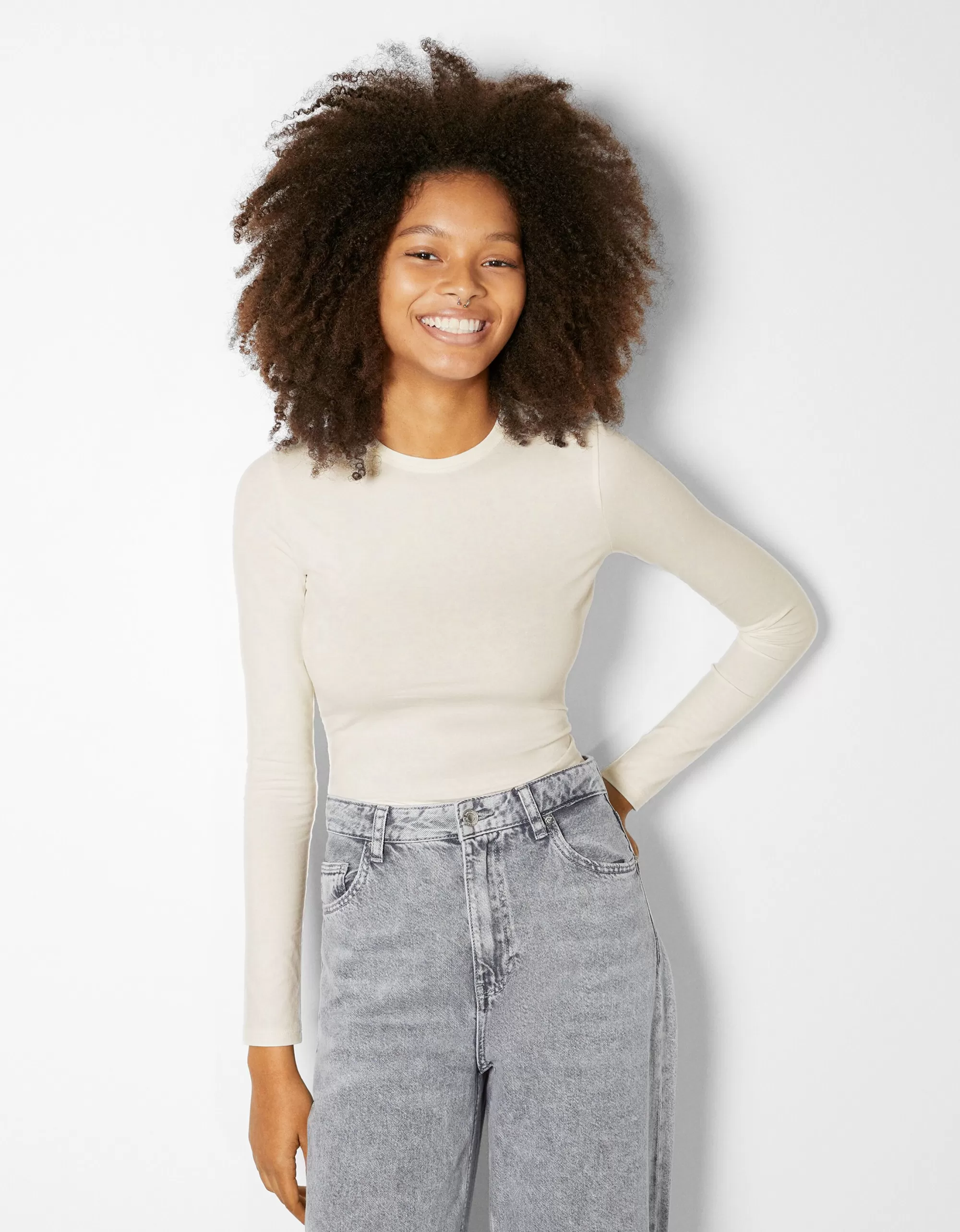 MUJER BERSHKA Camiseta manga larga rib