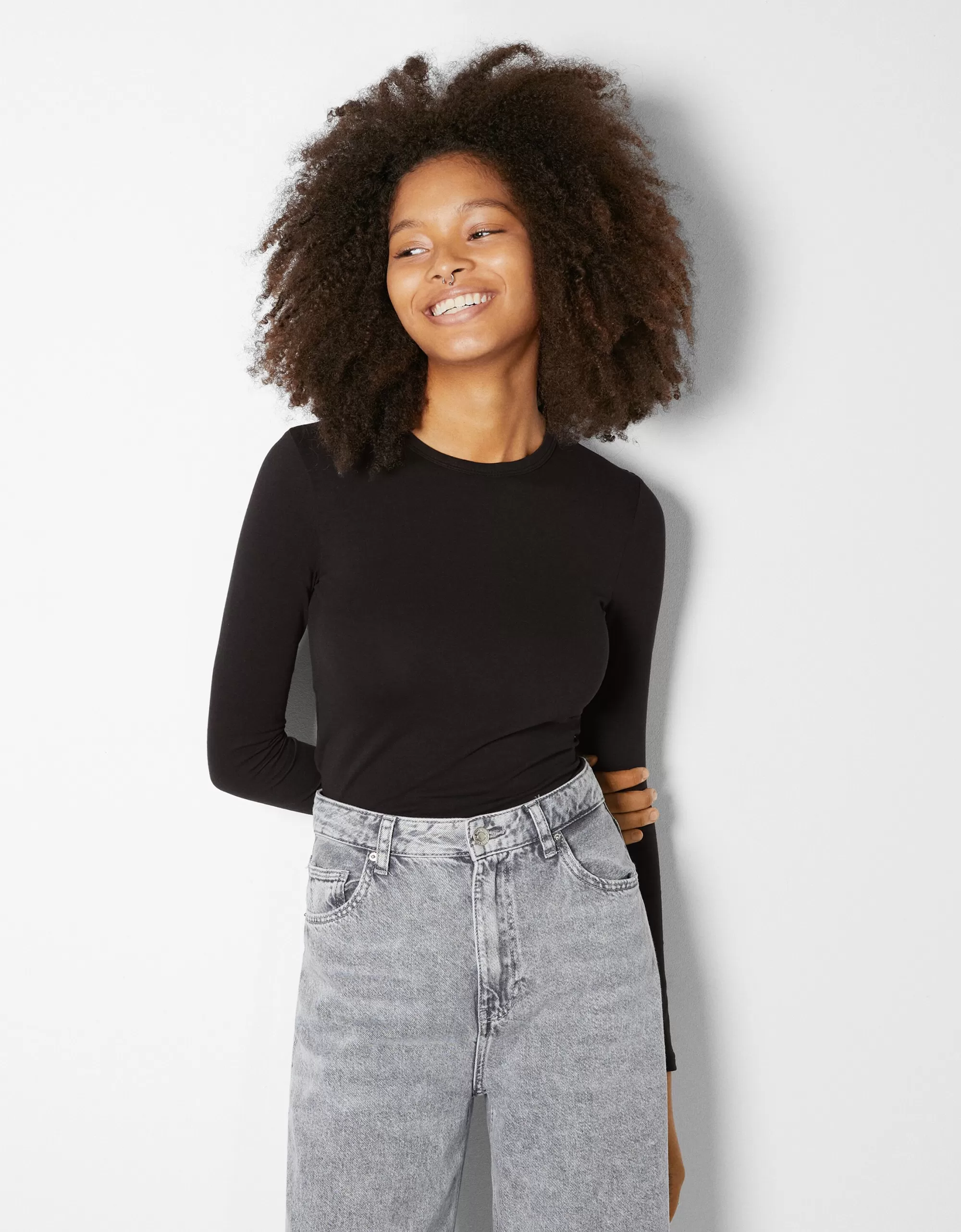 MUJER BERSHKA Camiseta manga larga rib