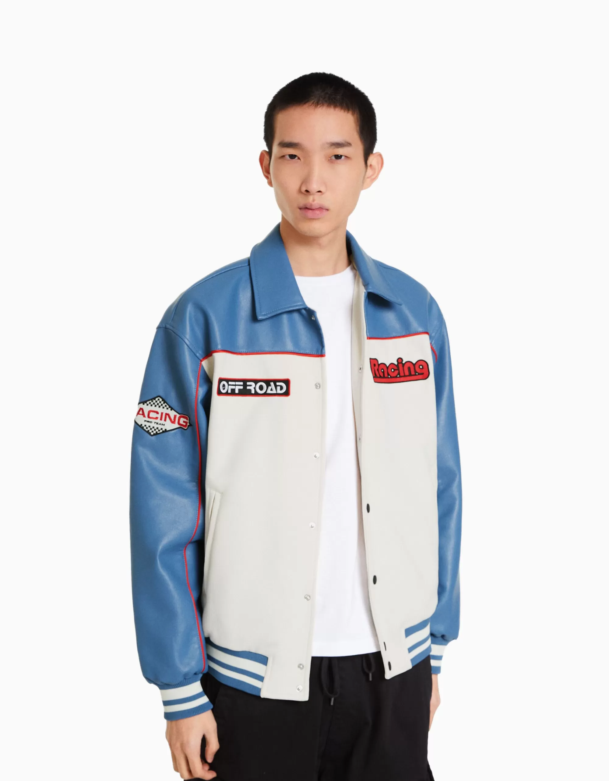 HOMBRE BERSHKA Cazadora efecto ante y efecto piel racing