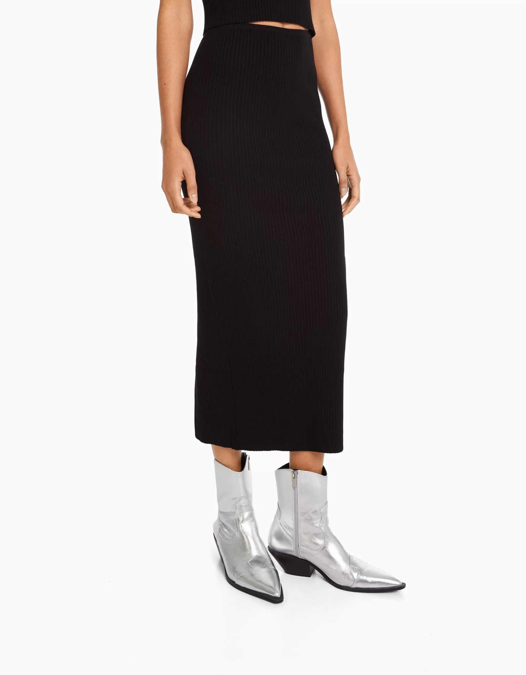 MUJER BERSHKA Falda midi punto rib