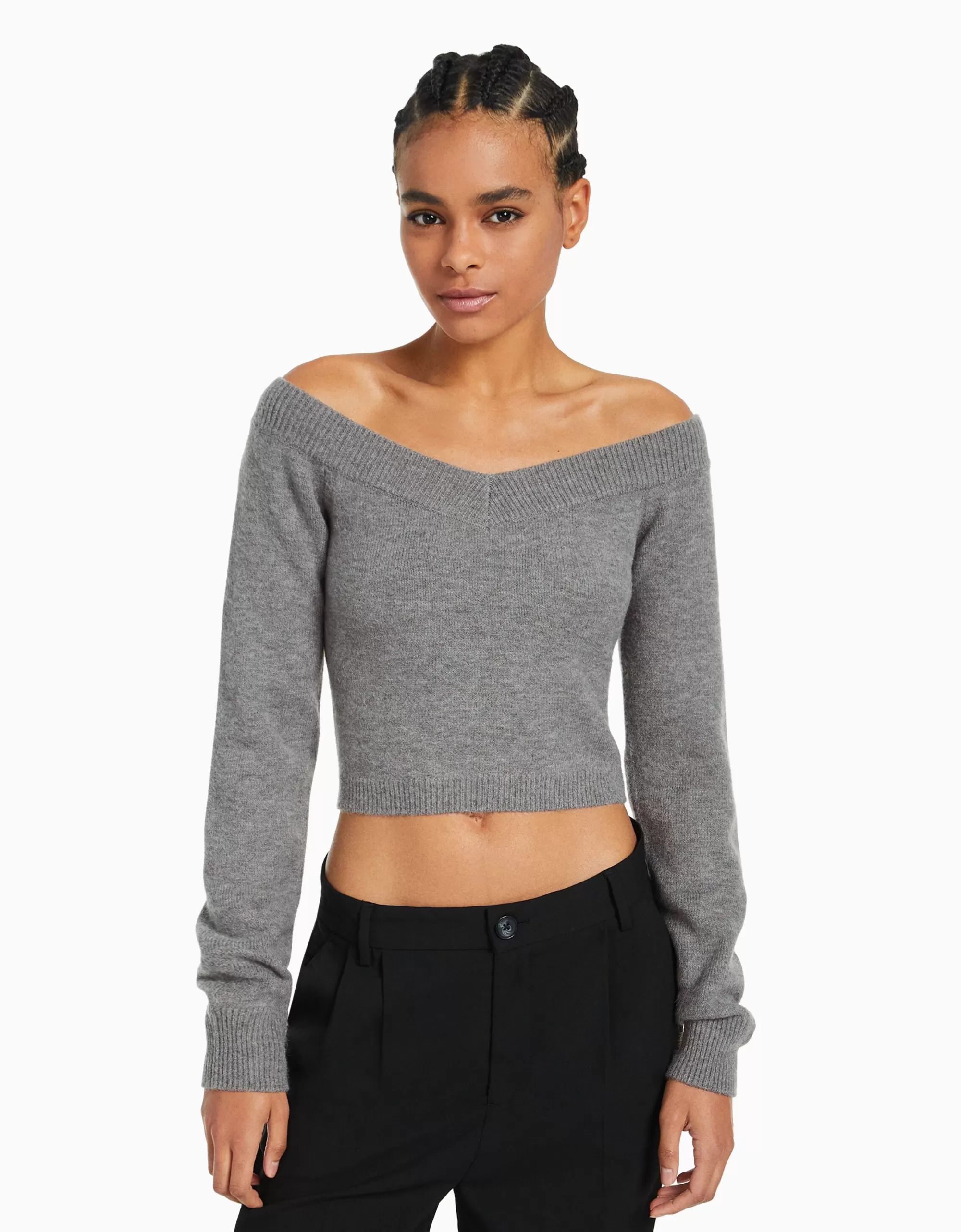 MUJER BERSHKA Jersey cuello pico cropped