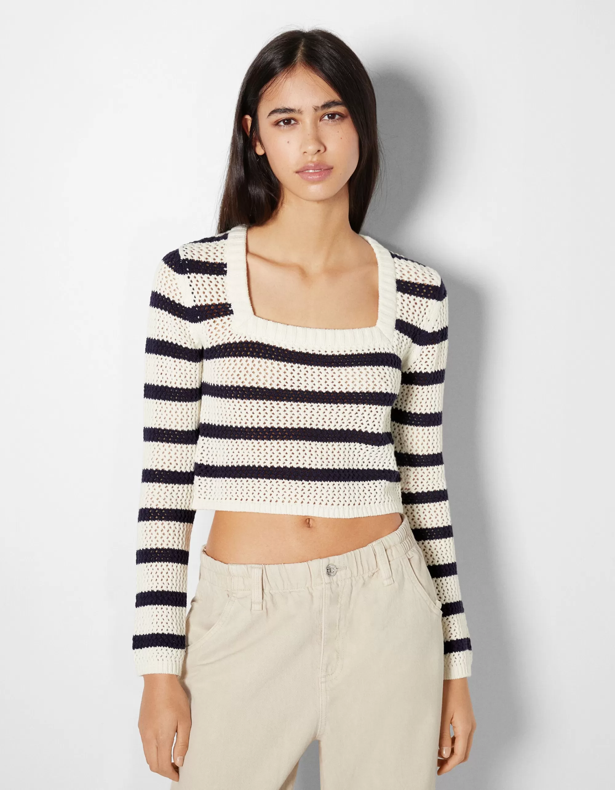 MUJER BERSHKA Jersey escote cuadrado rayas