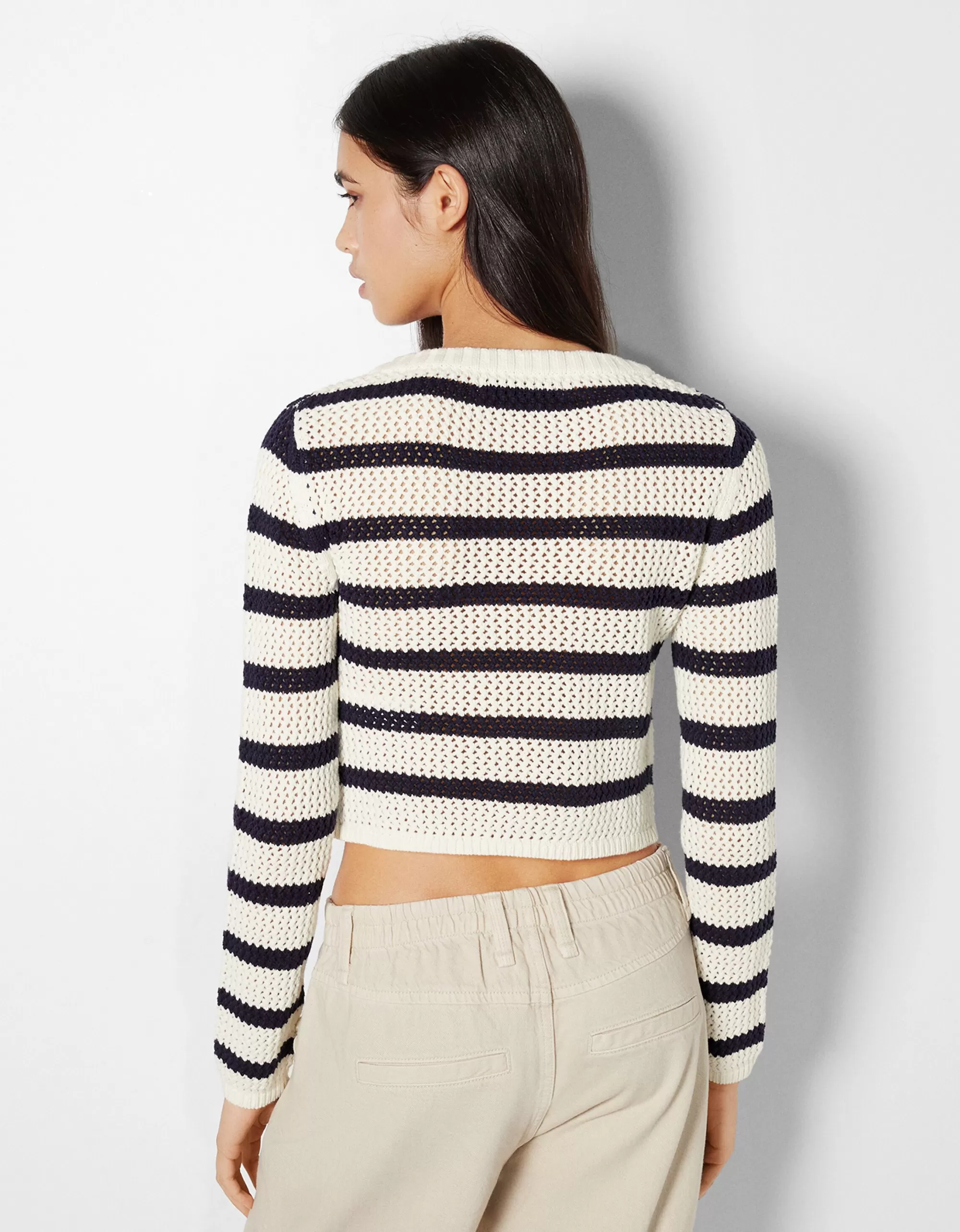 MUJER BERSHKA Jersey escote cuadrado rayas