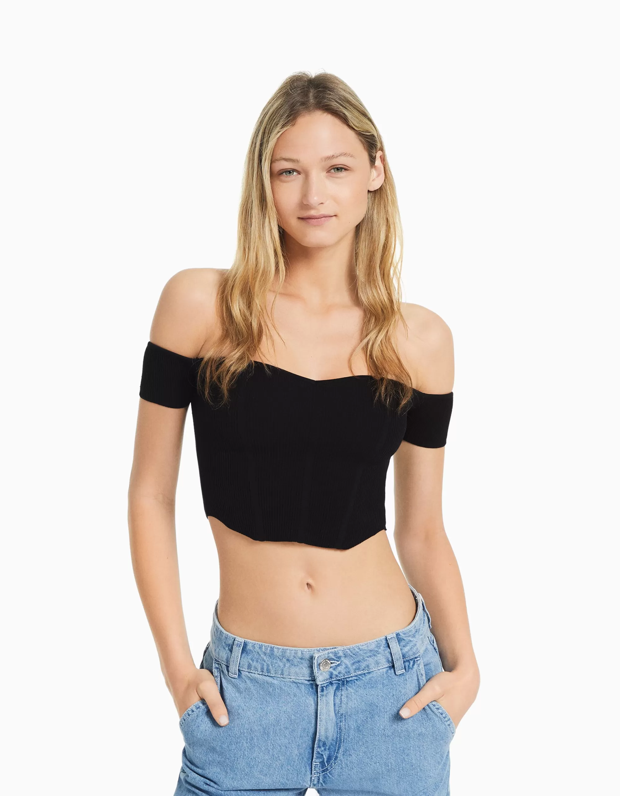 MUJER BERSHKA Jersey manga corta corsé bardot
