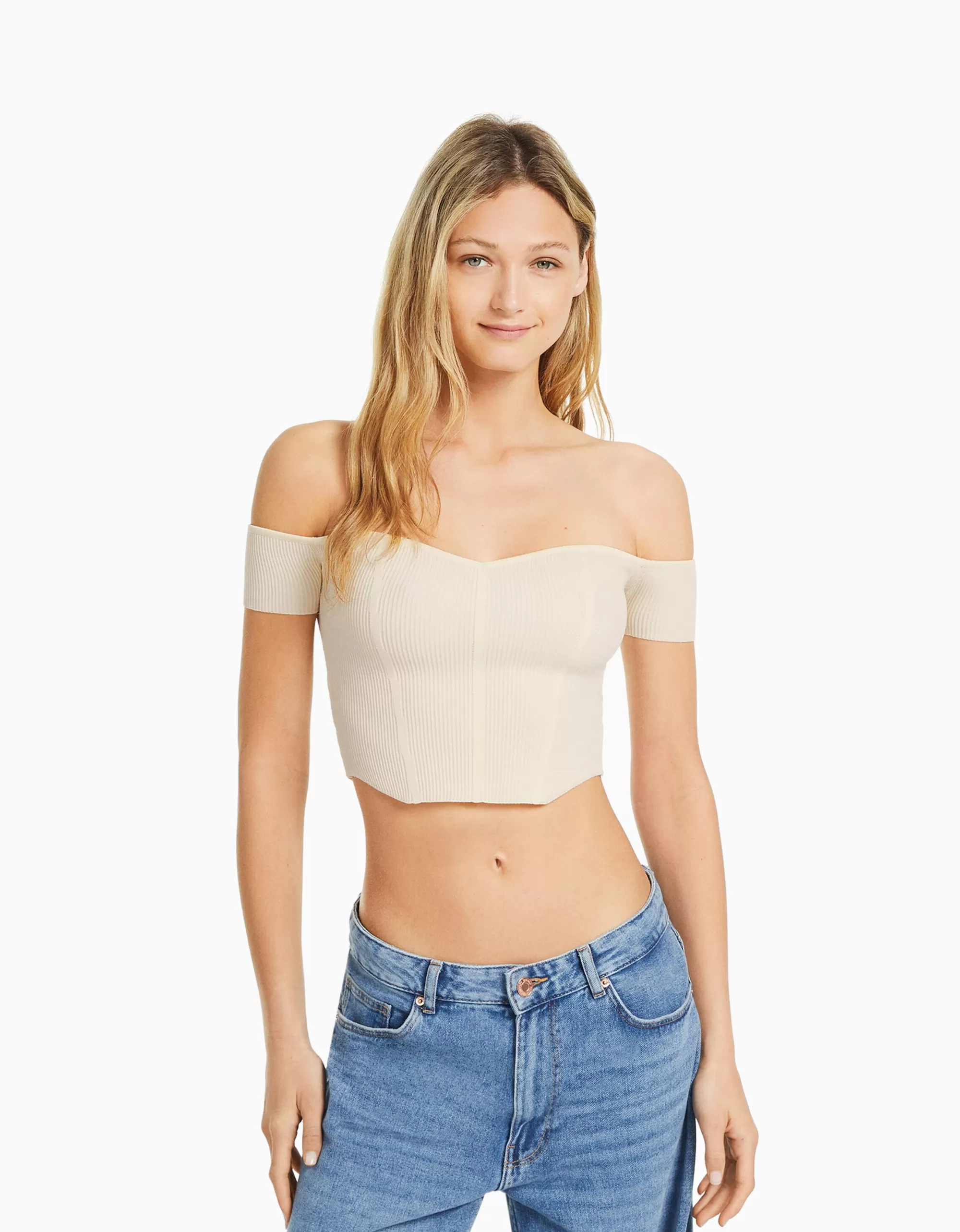 MUJER BERSHKA Jersey manga corta corsé bardot