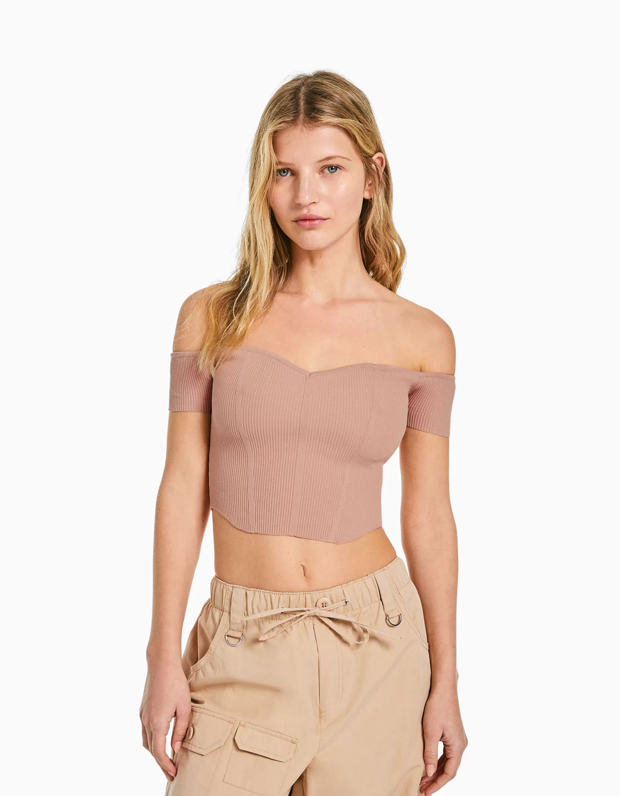 MUJER BERSHKA Jersey manga corta corsé bardot