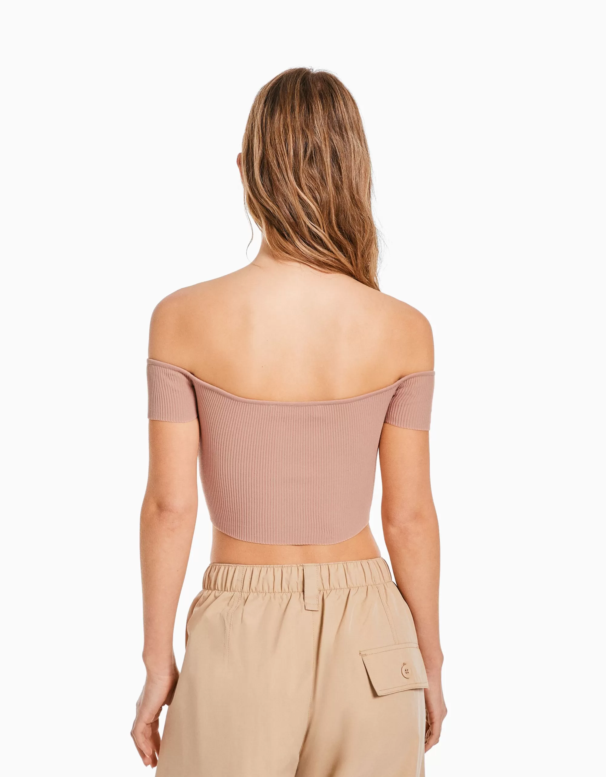 MUJER BERSHKA Jersey manga corta corsé bardot