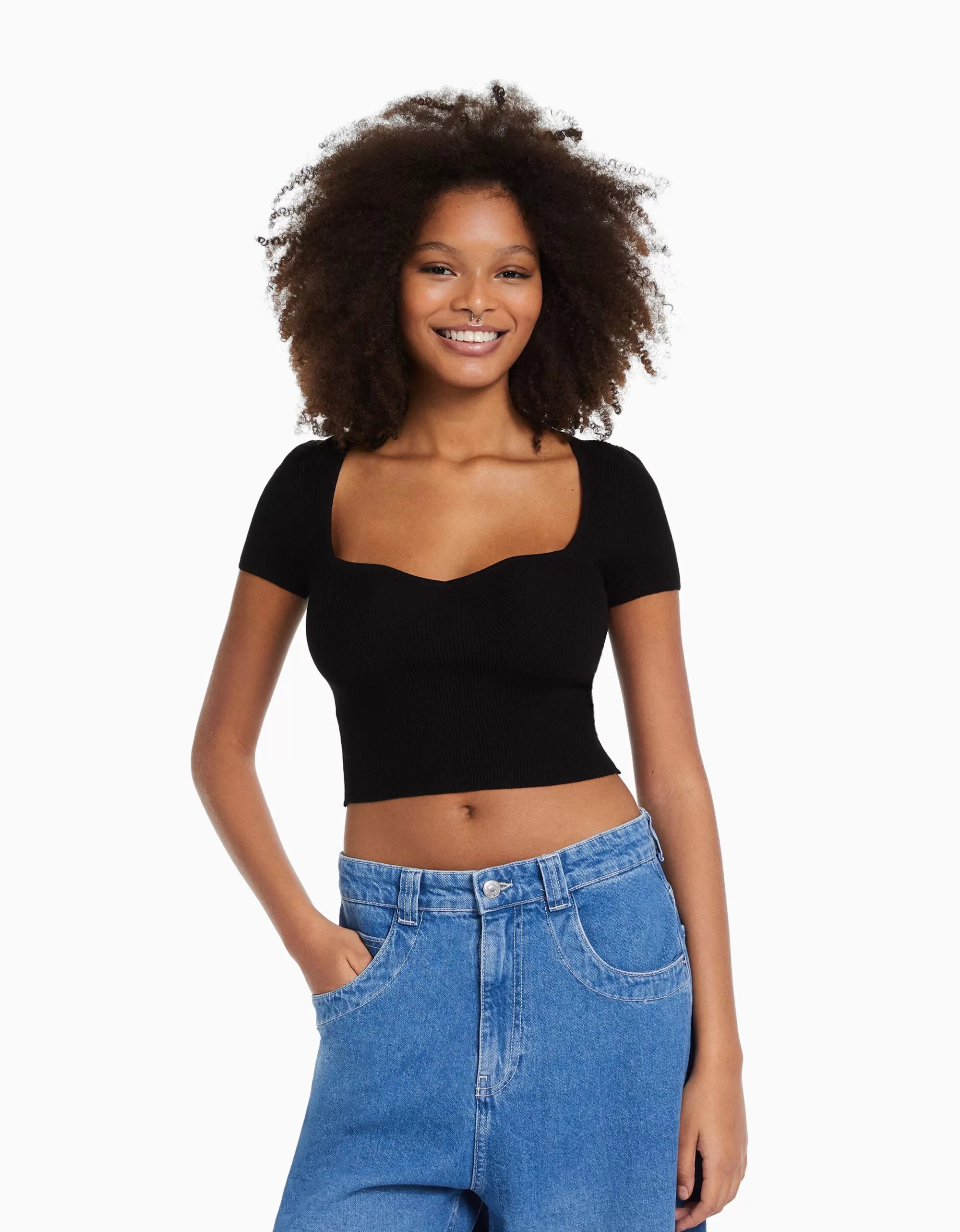 MUJER BERSHKA Jersey manga corta escote corazón punto