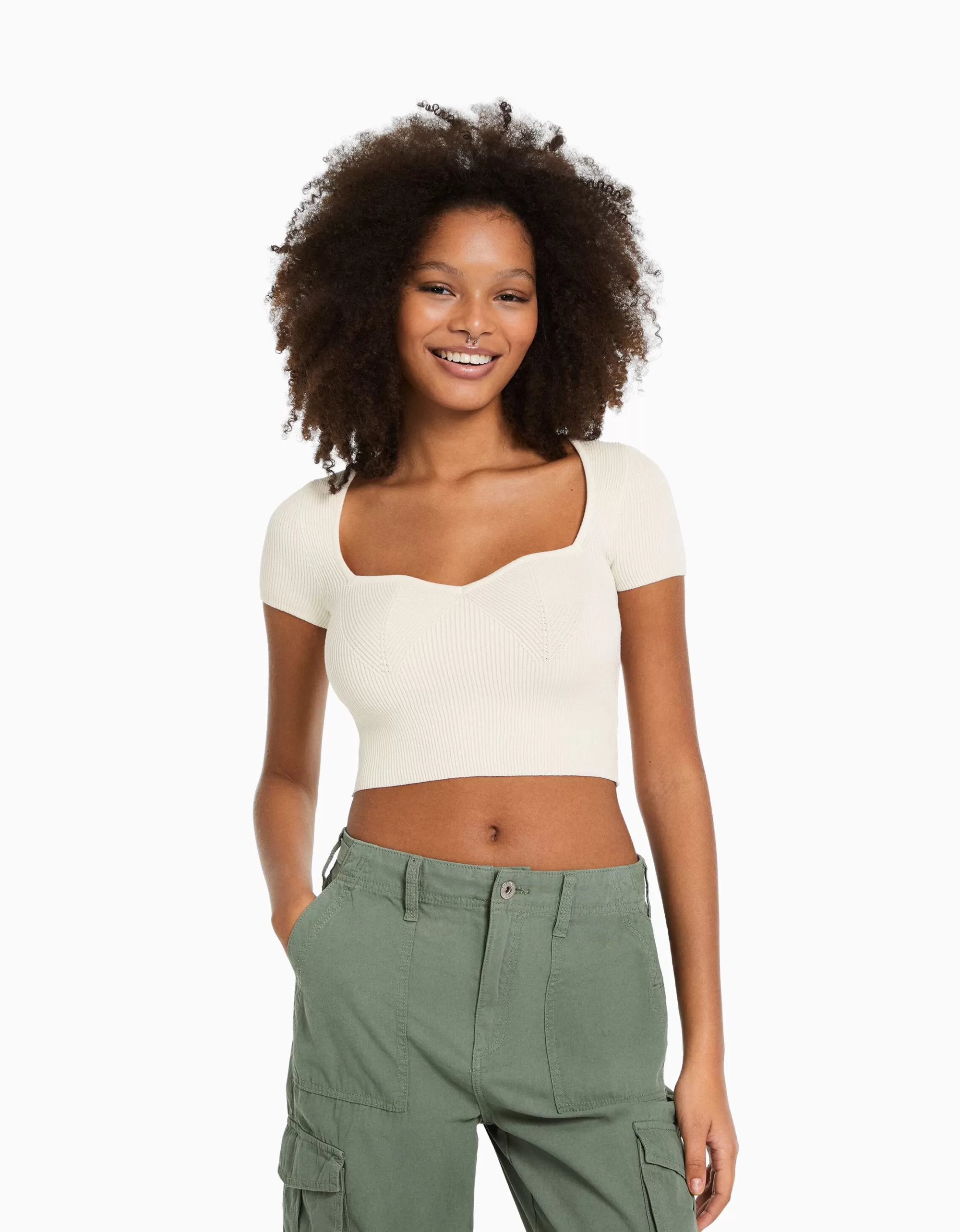 MUJER BERSHKA Jersey manga corta escote corazón punto