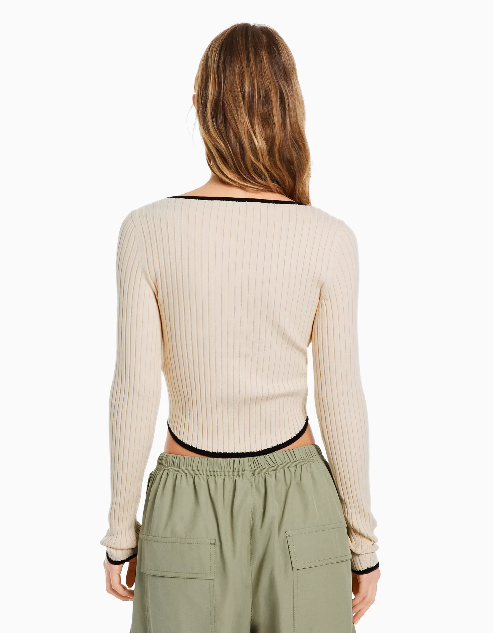 MUJER BERSHKA Jersey manga larga rib escote lazada