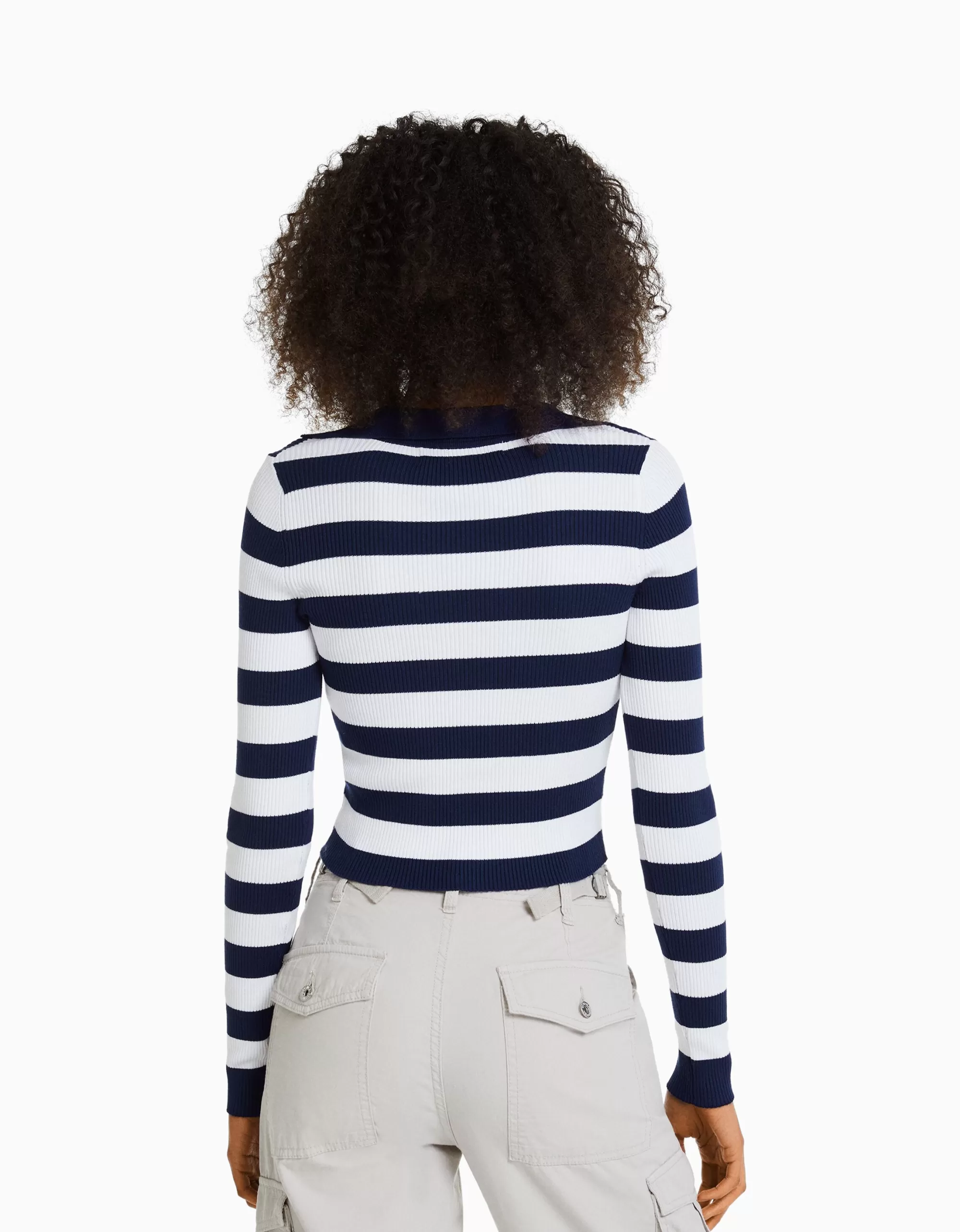 MUJER BERSHKA Jersey rib cuello polo rayas
