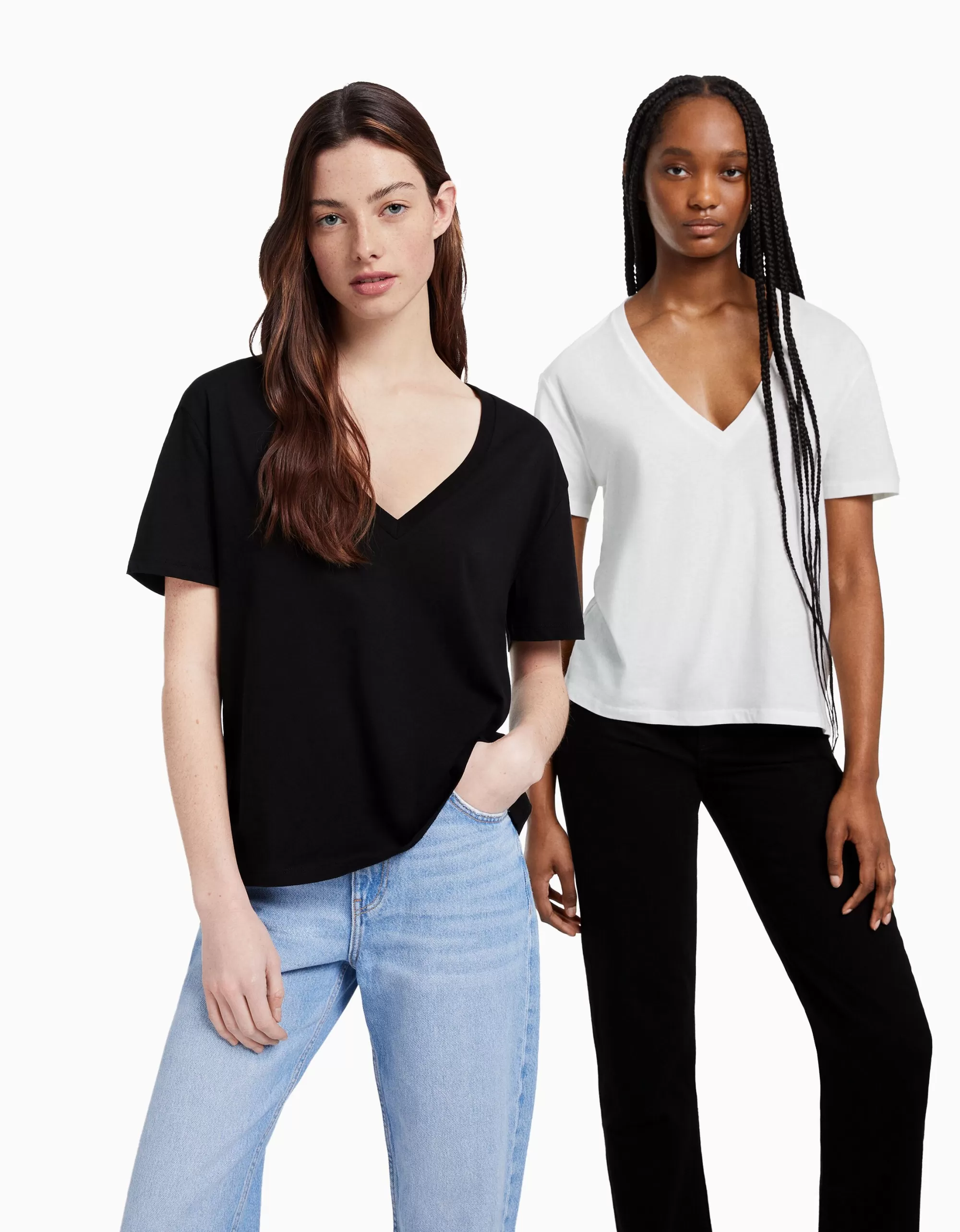 MUJER BERSHKA Pack 2 camisetas manga corta cuello pico regular fit