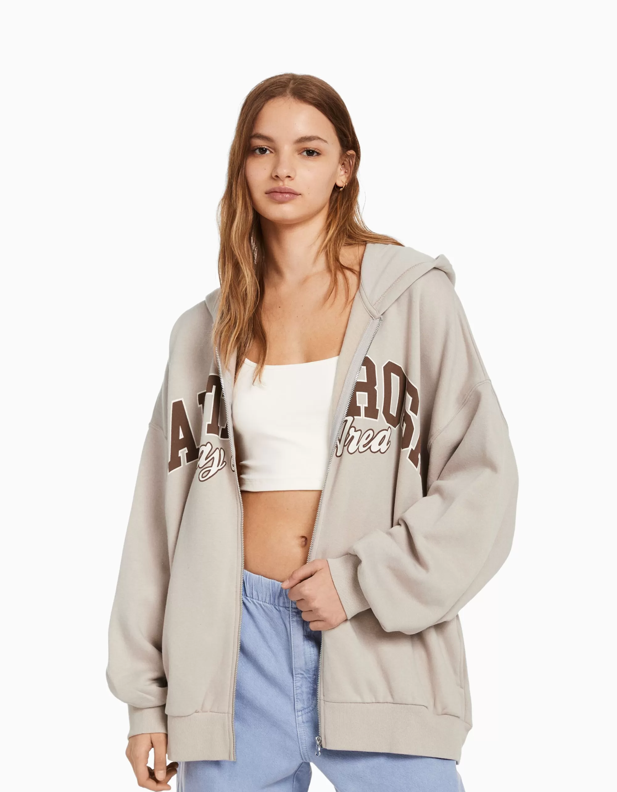 MUJER BERSHKA Sudadera capucha cremallera print varsity