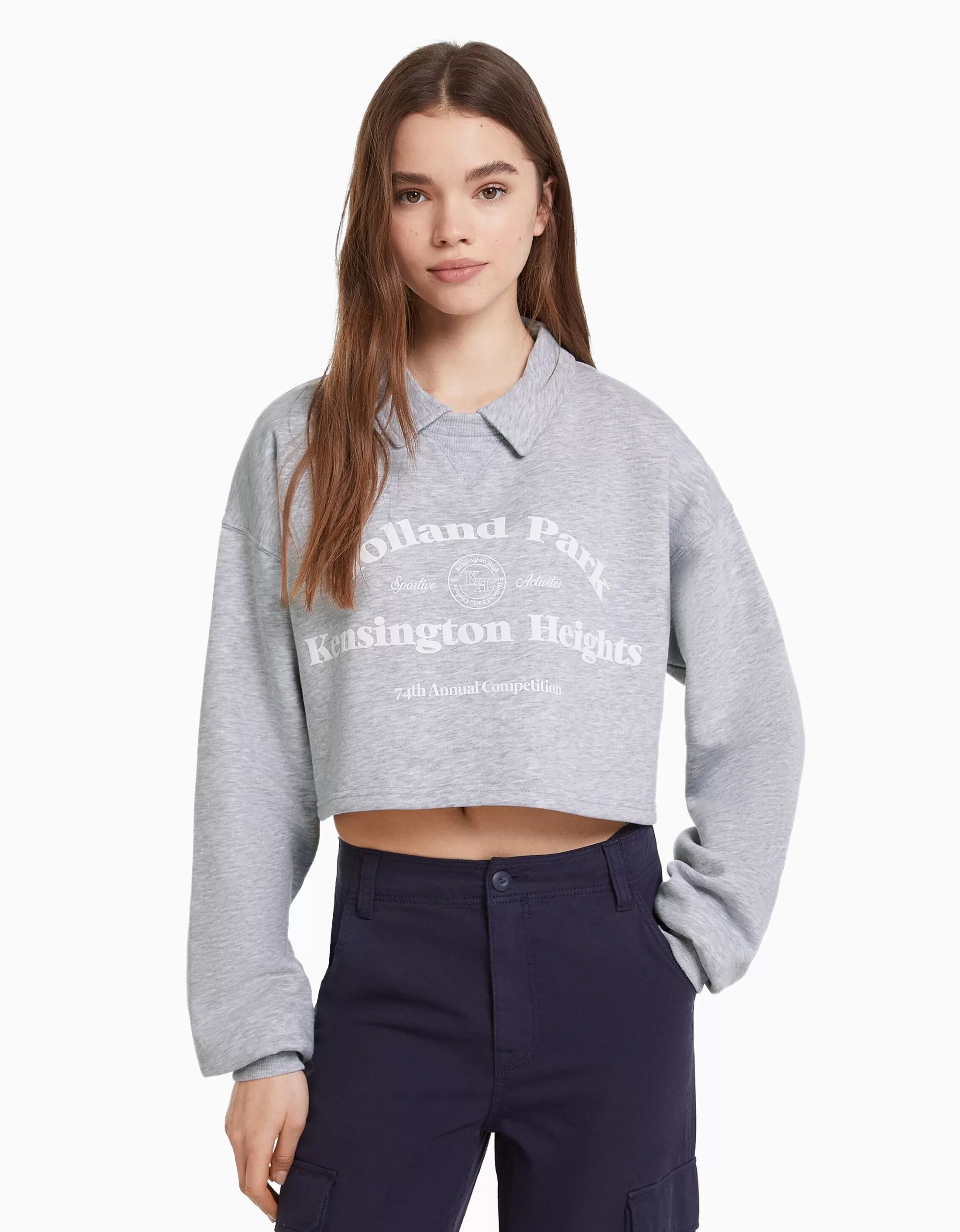 MUJER BERSHKA Sudadera cuello polo print