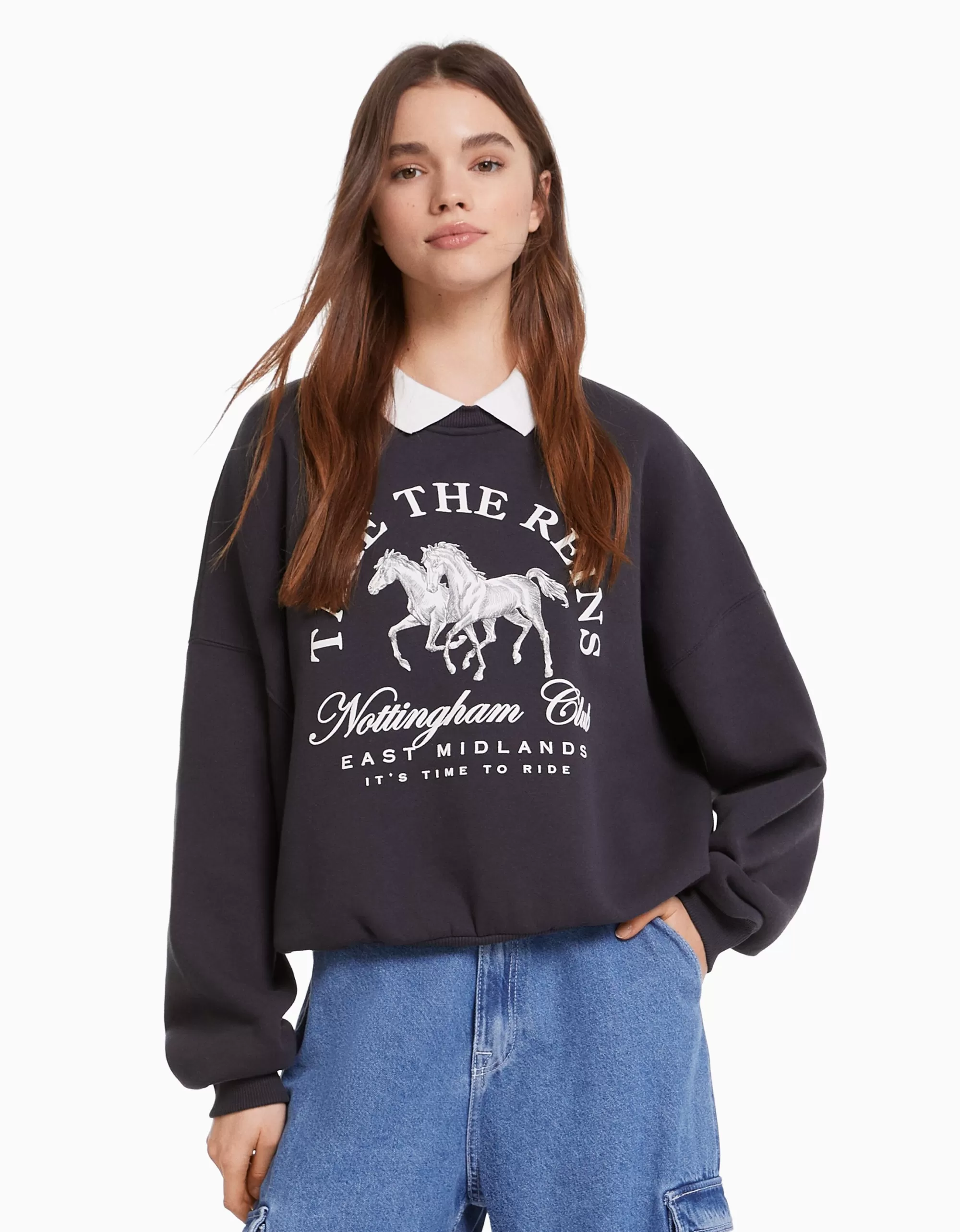 MUJER BERSHKA Sudadera cuello polo print