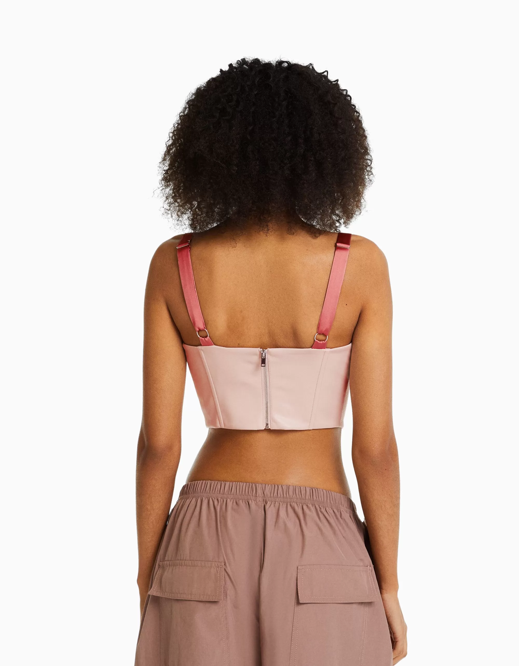 MUJER BERSHKA Top corsé efecto piel tirantes y lace up satinados
