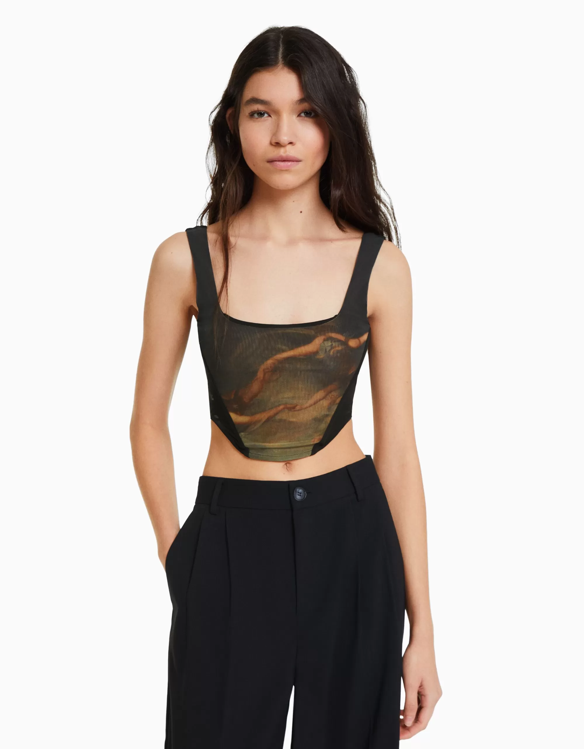 MUJER BERSHKA Top corsé tul print Art Series